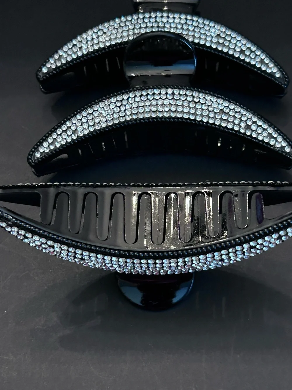 Black Crescent Hair Claw Clips with Clear Rhinestones - Set of (3) Three